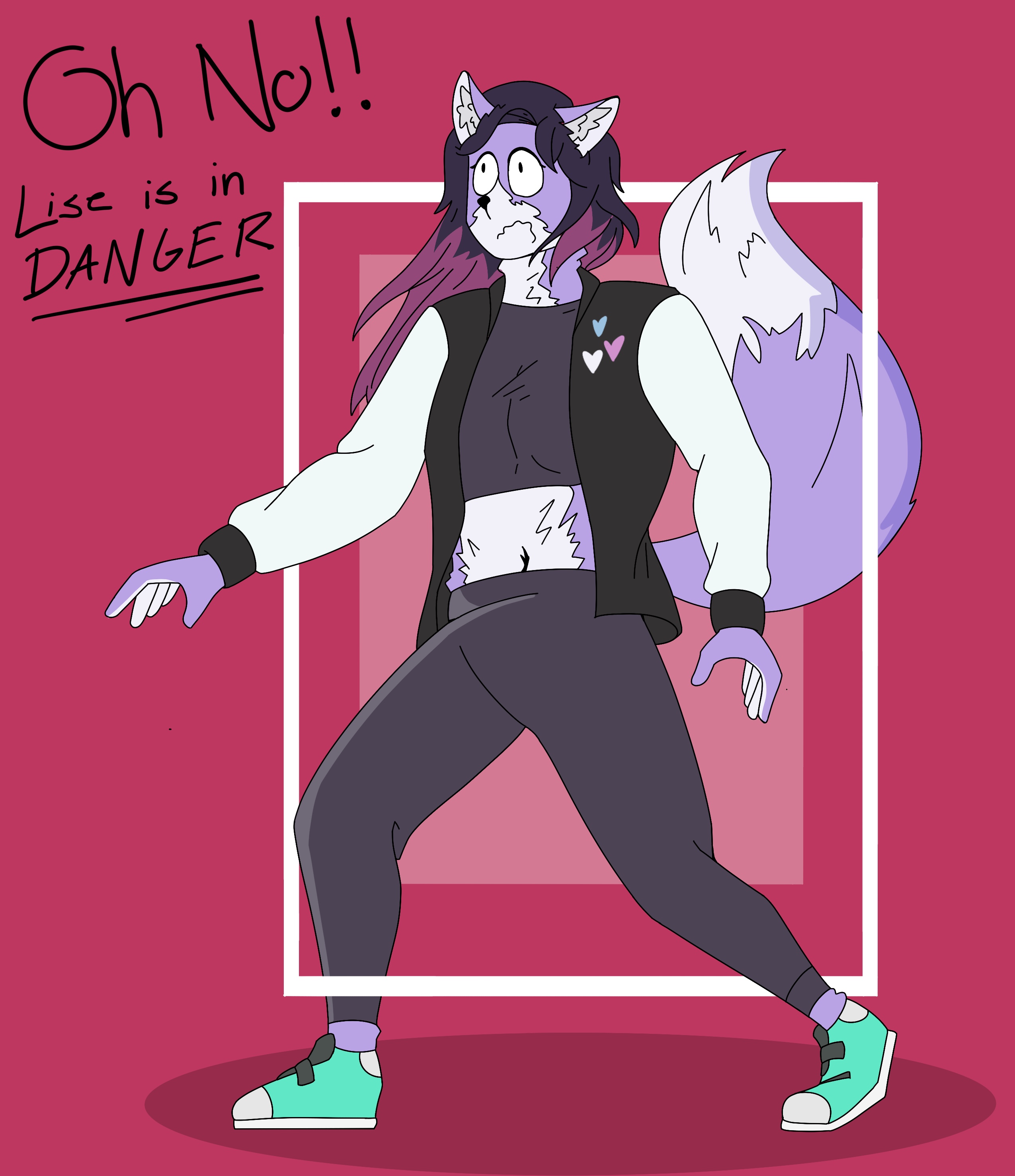 my fursona standing on a red background, paralyzed with fear, looking up at something. there is text in the top left corner saying 'Oh No!! Lise is in DANGER'